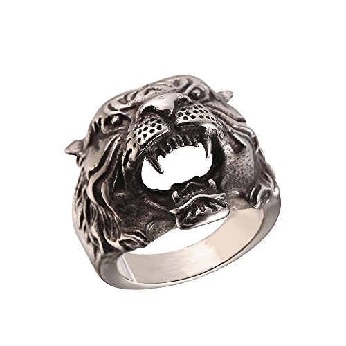 Product Cover U7 Men's Vintage Costume Finger Band Silver Black Stainless Steel Tiger Head/Skull/Evil Eye/Wolf Ring, Size 7 to 14