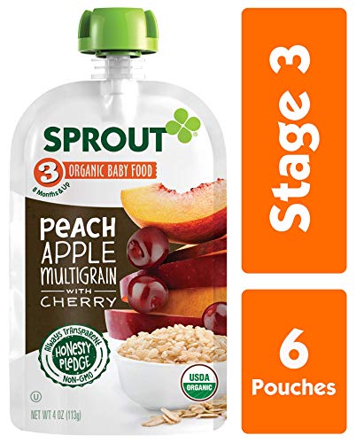 Product Cover Sprout Organic Stage 3 Baby Food Pouches, Peach Apple Multigrain w/ Cherry, 4 Ounce (Pack of 6)