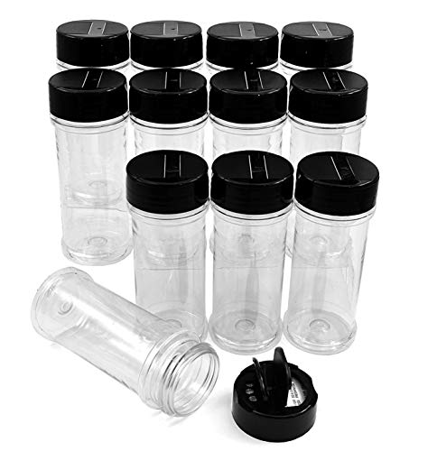 Product Cover SALUSWARE - 12 PACK - 5.5 Oz with Black Cap - Plastic Spice Jars Bottles Containers - Perfect for Storing Spice, Herbs and Powders - Lined Cap - Safe Plastic - PET - BPA free - Made in the USA