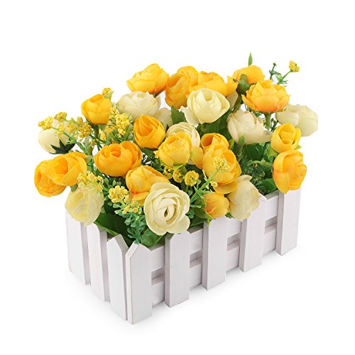 Product Cover Louis Garden Artificial Flowers Fake Rose in Picket Fence Pot Pack - Mini Potted Plant (Yellow)