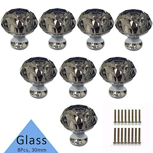 Product Cover Crystal Knob, Etubby 8Pcs 30mm Diamond Shaped Luxury Crystal Knobs Glass Knobs with Screws for Drawer Door, Wardrobe Door, Cupboard Door, Kitchen, Etc - Gray