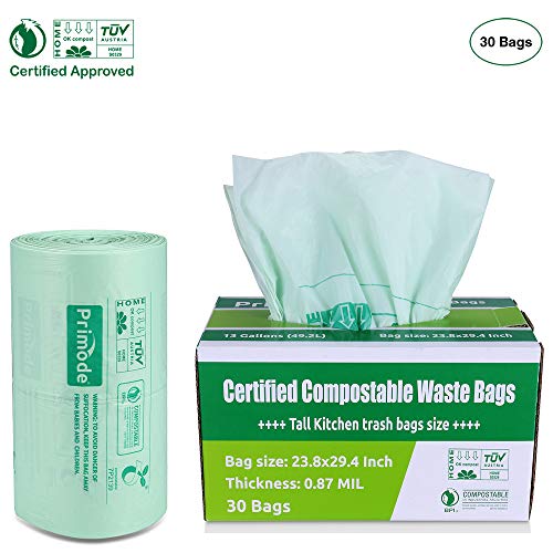 Product Cover Primode Compostable Trash Bags | Premium 13 Gallon Food Waste Bags, 30 Count, 100% Certified Compost Bags Tall Kitchen Trash Bags, Certified by BPI and TUV, Extra Thick 0.87