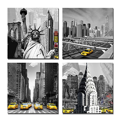 Product Cover Yin Art 4-Panel Canvas Print Wall Art Set - New York City Historic Buildings Statue in Black and White - Yellow Taxis in Selective Color, 12x12 Inch