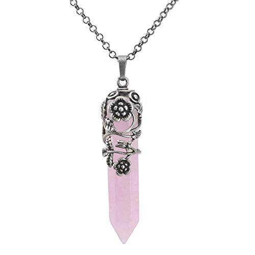 Product Cover Top Plaza Antique Silver Flower Wrapped Natural Rose Quartz Healing Crystal Necklace