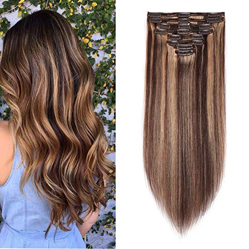 Product Cover Double Weft 100% Remy Human Hair Clip in Extensions Highlight 10''-22'' Grade 7A Quality Full Head Thick Long Soft Silky Straight 8pcs 18clips (14