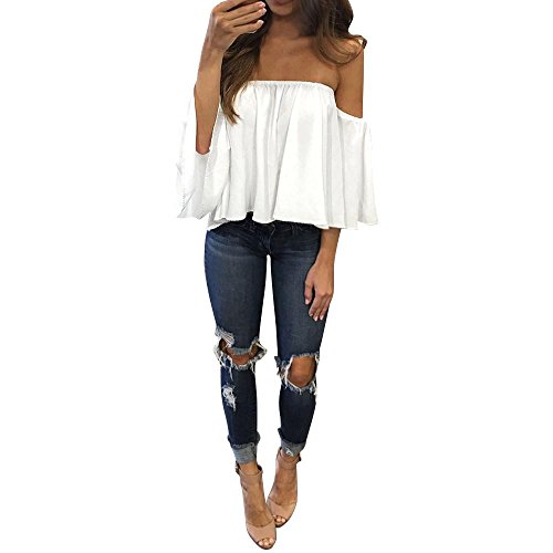 Product Cover Canserin Hot Sale! Women Blouse, Women's Chiffon Long Sleeve T-Shirt Tops Casual Off Shoulder Blouse Pullover (S, White)