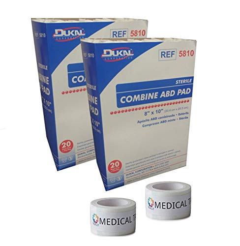 Product Cover Sterile 8x10 Sterile Abdominal (ABD) Combine Pads 2 Packs of 20 + 2 Rolls of Vakly Medical Tape (2)