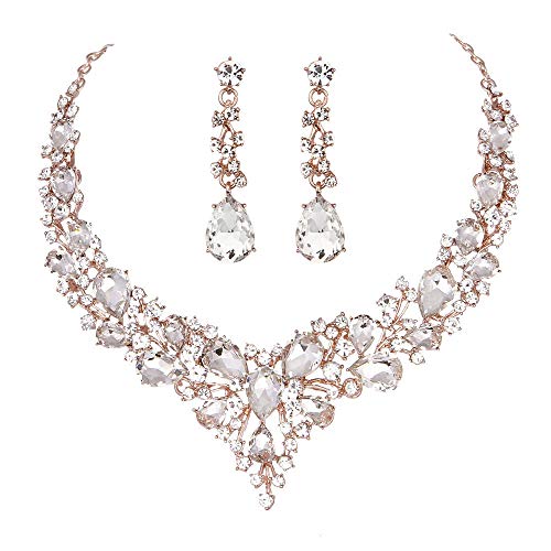 Product Cover Youfir Bridal Austrian Crystal Necklace and Earrings Jewelry Set Gifts fit with Wedding Dress(Clear-Rose Gold Tone)