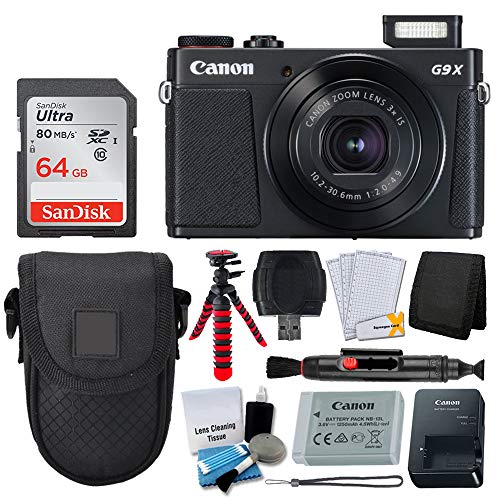 Product Cover Canon PowerShot G9 X Mark II Digital Camera (Black) + SanDisk 64GB Memory Card + Point & Shoot Case + Flexible Tripod + USB Card Reader + Cleaning Kit + LCD Screen Protectors - Deluxe Accessory Bundle