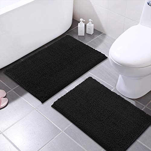 Product Cover MAYSHINE 2 Pieces 20x31 Inches Non-Slip Bathroom Rug Shag Shower Mat Machine-Washable Bath Mats with Water Absorbent Soft Microfibers of - Black