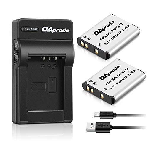 Product Cover OAproda 2 Pack EN-EL19 Battery and Rapid USB Charger for Nikon Coolpix S32, S33,S100, S2800, S3100, S3200, S3300, S3500, S3600, S3700, S4100, S4200, S4300, S5200, S5300, S6500, S6800, S7000 Camera