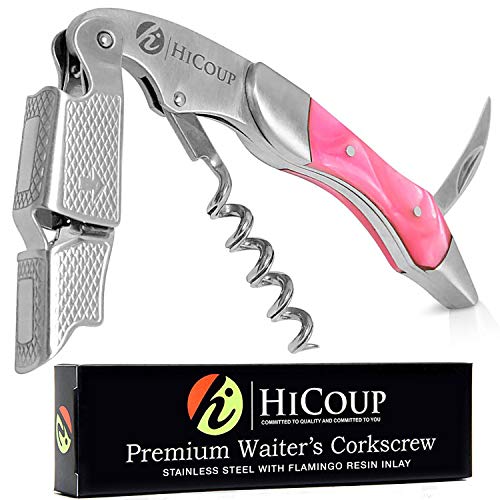 Product Cover Waiters Corkscrew by HiCoup - Professional Stainless Steel with Flamingo Resin Inlay All-in-one Corkscrew, Bottle Opener and Foil Cutter, the Favoured Wine Opener of Sommeliers, Waiters and Bartenders