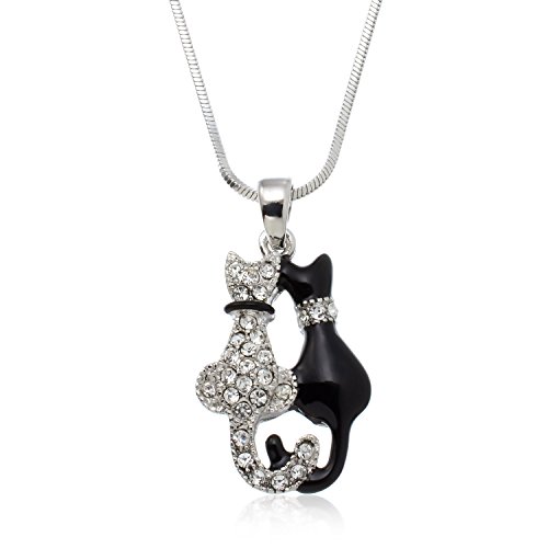 Product Cover PammyJ Cat Necklace Black and White Double Kitty Cats with Clear Crystal, 17