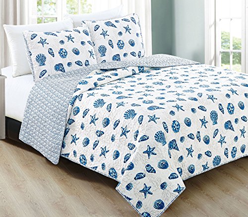 Product Cover Home Fashion Designs 3-Piece Coastal Beach Theme Quilt Set with Shams. Soft All-Season Luxury Microfiber Reversible Bedspread and Coverlet. Bali Collection Brand. (Full/Queen, Blue)