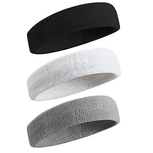 Product Cover Beace Sweatband Sports Headband for Men and Women, Moisture Wicking Athletic Cotton Terry Cloth Sweatband for Tennis, Running, Gym, Working Out, 3pcs, Black Gray White