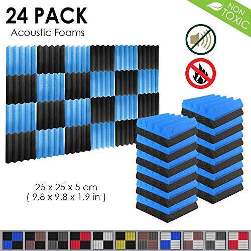 Product Cover Arrowzoom New 24 Pack of 9.8 X 9.8 X 1.9 Inches Black and Blue Soundproofing Insulation Wedge Acoustic Wall Foam Padding Studio Foam Tiles AZ1134 (BLACK & BLUE)