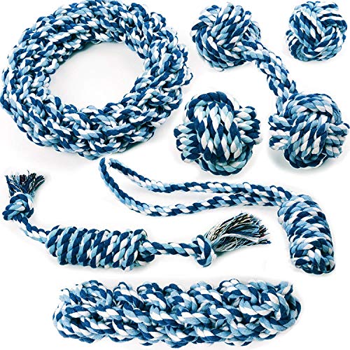 Product Cover Friends Forever Chewers Play Dog Rope Toy for Medium Dogs & Puppy, Teething, Tug War - Tough Dog Toys Set 7-Piece Assortment, Blue
