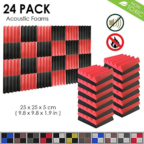 Product Cover Arrowzoom New 24 Pack of 9.8 X 9.8 X 1.9 Inches Black and Red Soundproofing Insulation Wedge Acoustic Wall Foam Padding Studio Foam Tiles AZ1134 (BLACK & RED)