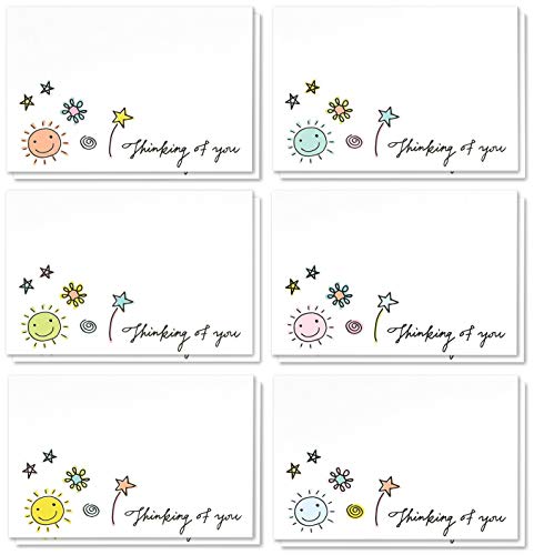Product Cover 36 Assorted Pack Thinking of You Note Cards - Bulk Box Set - Blank on The Inside - 6 Colorful Doodle Designs - Includes 36 Greeting Cards and Envelopes - 4 x 6 Inches