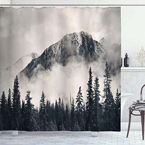 Product Cover Ambesonne National Parks Home Decor Shower Curtain by, Canadian Smokey Mountain Cliff Outdoor Idyllic Photo Art, Fabric Bathroom Decor Set with Hooks, 70 Inches, Black and White