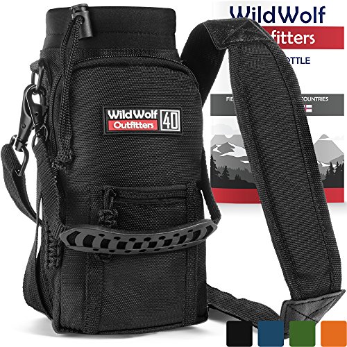Product Cover Wild Wolf Outfitters Water Bottle Holder for 40oz Bottles Black - Carry, Protect and Insulate Your Best Flask with This Military Grade Carrier w/ 2 Pockets & an Adjustable Padded Shoulder Strap