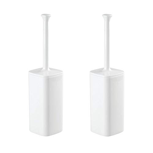 Product Cover mDesign Modern Square Plastic Toilet Bowl Brush and Holder for Bathroom Storage and Organization, Compact Free-Standing Design, Covered Brush - Sturdy, Deep Cleaning, 2 Pack - White