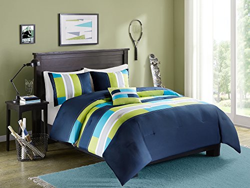 Product Cover Comfort Spaces Pierre 4 Piece Comforter Set All Season Ultra Soft Hypoallergenic Microfiber Pipeline Stripe Boys Dormitory Bedding, Full/Queen, Navy Blue