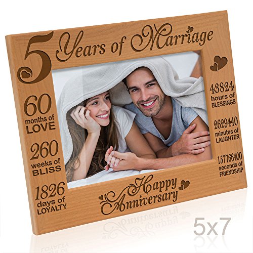 Product Cover Kate Posh - 5 Years of Marriage Photo Frame - Happy 5th Anniversary Gift Wood - Engraved Natural Solid Wood Picture Frame (5x7-Horizontal)