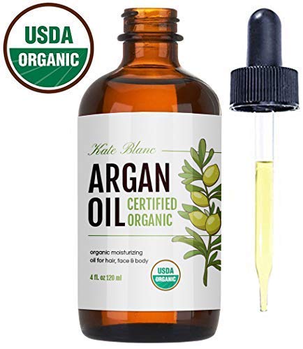 Product Cover Moroccan Argan Oil, USDA Certified Organic, Virgin, 100% Pure, Cold Pressed by Kate Blanc. Stimulate Growth for Dry and Damaged Hair. Skin Moisturizer. Nails Protector. 1-Year Guarantee. (Light 4oz)