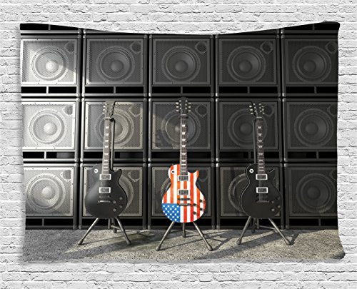 Product Cover Ambesonne American Flag Tapestry, Black and Us Bass Guitar Electronic Rock Music Theme Digital Graphic Work, Wide Wall Hanging for Bedroom Living Room Dorm, 80