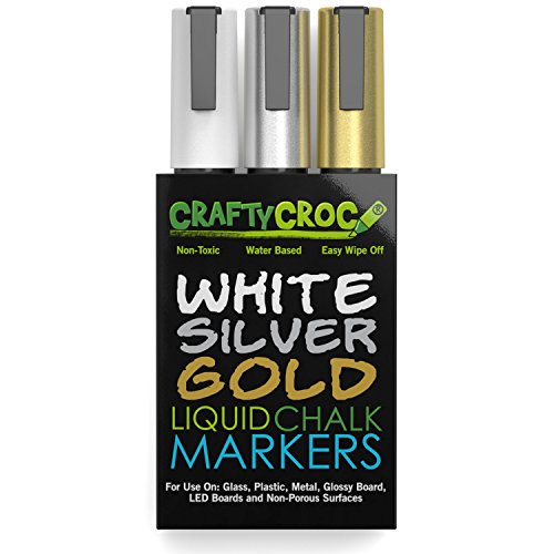 Product Cover Crafty Croc Metallic Chalk Markers, Gold Silver White - 3 Pack, Medium Tip 6mm, Wet Erase for Accent Details
