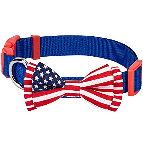 Product Cover Blueberry Pet 2 Patterns Patriotic Spirits American Flag USA Adjustable Bowtie Blue Dog Collar - Handmade Bow Tie w/Jacquard Weave Fabric, Medium, Neck 14.5