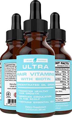 Product Cover Liquid Biotin with Hair Vitamins, Organic Coconut Oil, Vitamin E + Vitamin B 6. Hair Skin and Nails Vitamins in Liquid for Absoroption + Hair Growth. A Biotin Liquid + Hair Oil Supplement that Works.