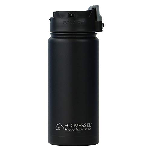 Product Cover EcoVessel PERK Vacuum Insulated Stainless Steel Coffee & Tea Travel Bottle with Push Button Locking Top - 16 oz Tumbler Mug - Black Shadow