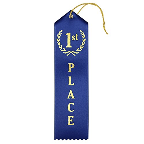 Product Cover 1st Place (Blue) Premium Award Ribbons with Card & String - 25 Count Metallic Gold foil Print - Made in The USA