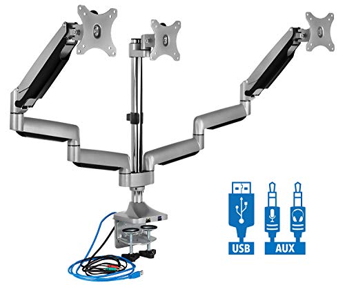 Product Cover Mount-It! Triple Monitor Mount | Desk Stand with USB and Audio Ports | 3 Counter-Balanced Gas Spring Height Adjustable Arms for Three 24 27 30 32 Inch VESA Screens | C-Clamp and Grommet Bases Included