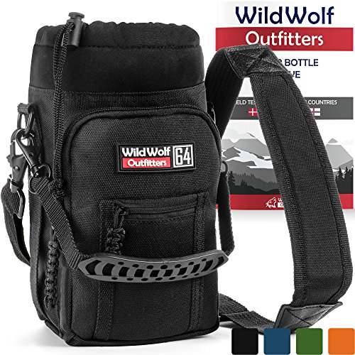 Product Cover Wild Wolf Outfitters Water Bottle Holder for 64oz Bottles Black - Carry, Protect and Insulate Your Best Flask with This Military Grade Carrier w/ 2 Pockets & an Adjustable Padded Shoulder Strap