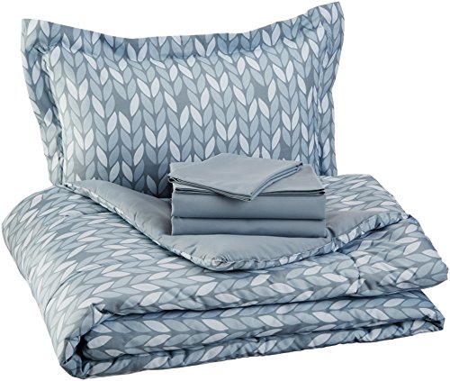 Product Cover AmazonBasics 5-Piece Light-Weight Microfiber Bed-In-A-Bag Comforter Bedding Set - Twin or Twin XL, Grey Leaf