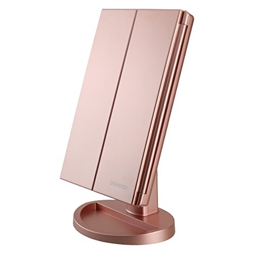 Product Cover deweisn Tri-Fold Lighted Vanity Makeup Mirror with 21 LED Lights,3X/2X Magnification Mirror,Touch Sensor Switch, Two Power Supply Mode Tabletop Makeup Mirror,Travel Cosmetic Mirror (Rose Gold)