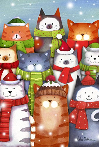Product Cover Toland Home Garden Cat Caroling 12.5 x 18 Inch Decorative Colorful Winter Kitty Christmas Carol Singing Garden Flag