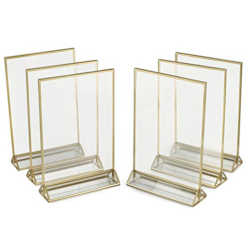 Product Cover SUPER STAR QUALITY Clear Acrylic 2 Sided Frames With Gold Borders and Vertical Stand (Pack of 6) ) | Ideal for Wedding Table Number Holder, Double Sided Sign, Clear Photos, Menu Holders
