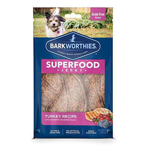 Product Cover Barkworthies All-Natural Superfood Dog Treats - Turkey with Cranberry & Blueberry Jerky Dog Treats (4 oz.) - Easily Digestible & Low-Fat Dog Chews