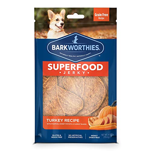 Product Cover Barkworthies All-Natural Superfood Dog Treats - Turkey with Pumpkin, Sweet Potato, and Carrot Jerky Dog Treats (4 oz.) - Easily Digestible & Low-Fat Dog Chews