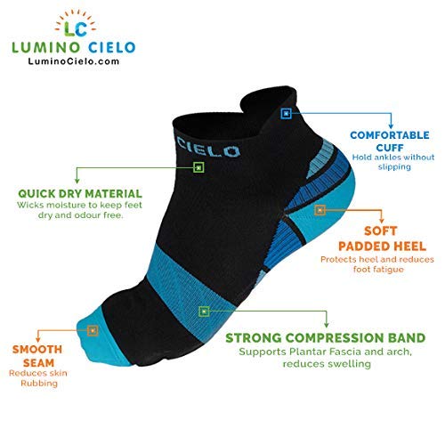 Product Cover Lumino Cielo Low-Cut STRONG Compression Sports Socks for Runners, Marathoners, Walkers. Get Pain Relief from Heel Pain, Plantar Fasciitis (S/M, Blue/Black)