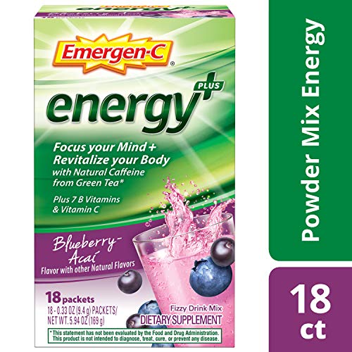 Product Cover Emergen-C Energy+, With B Vitamins, Vitamin C And Natural Caffeine From Green Tea (18 Count, Blueberry Acai Flavor) Dietary Supplement Drink Mix, 0.33 Ounce Powder Packets