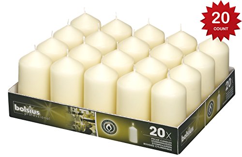 Product Cover BOLSIUS Set of 20 Ivory Pillar Candles - 18 Hours Burning Time Candle Set - 2-inch x 4-inch Dripless Candle - Perfect for Wedding Candles, Parties and Special Occasions