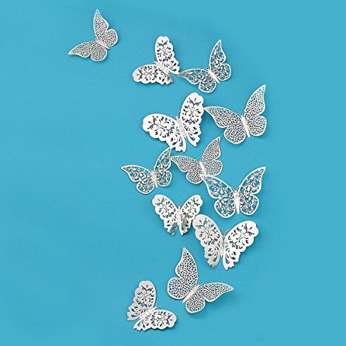 Product Cover pinkblume Silver Butterfly Decorations 3D Wall Decals Metallic Art Sticker DIY Man-Made Removable Decorative Paper Murals for Home Living Room Kids Girls Bedroom Nursery Party Decor(36 PCS)
