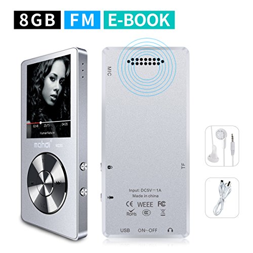 Product Cover MYMAHDI 8GB Portable MP3 Player(Expandable Up to 128GB), Music Player/One-Key Voice Recorder/FM Radio 70 Hours Playback with External Speaker HD Headphone, Silver