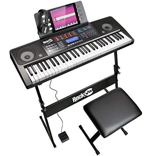 Product Cover RockJam RJ761 61 Key Electronic Interactive Teaching Piano Keyboard with Stand, Stool, Sustain Pedal and Headphones (RJ761-SK)