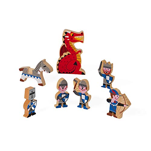 Product Cover Janod Mini Story Box Toy - 7 Piece Imagination and Roll Playing Game - Dragon and Knight Painted Wooden People Play Set With Knights, A King, Archers, Dragon and Horse for Imaginative Play for Ages 3+